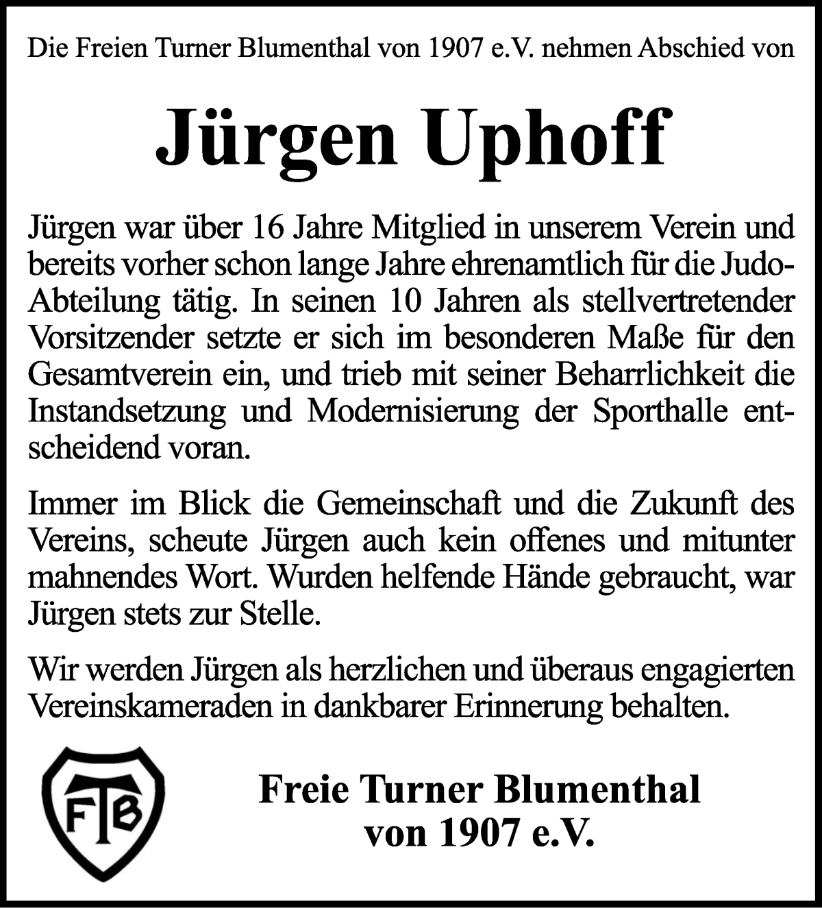 Traueranzeige von Jürgen Uphoff von Die Norddeutsche