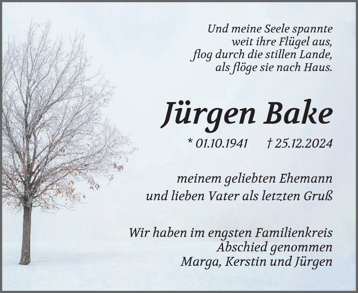 Traueranzeige von Jürgen Karl Bake von Osterholzer Kreisblatt