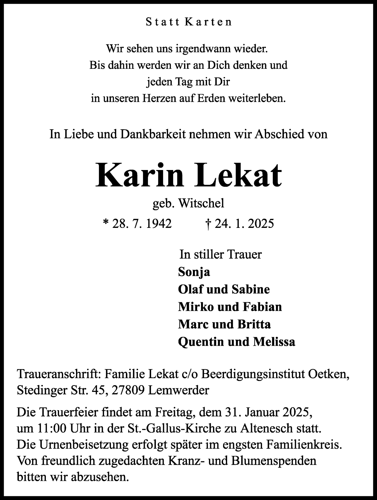 Traueranzeige von Karin Lekat von Die Norddeutsche