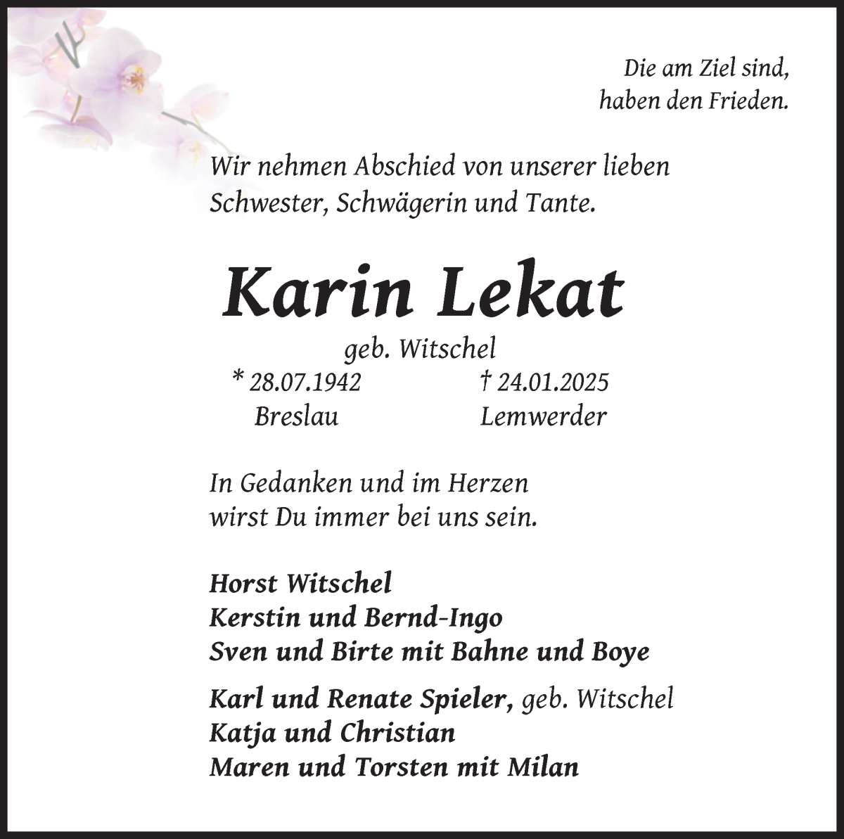 Traueranzeige von Karin Lekat von Die Norddeutsche