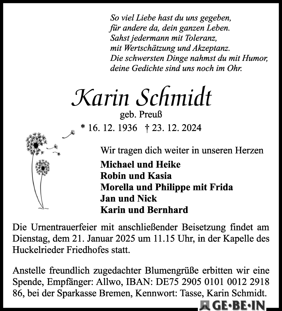 Traueranzeige von Karin Schmidt von WESER-KURIER