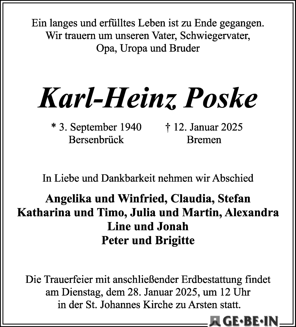 Traueranzeige von Karl-Heinz Poske von WESER-KURIER