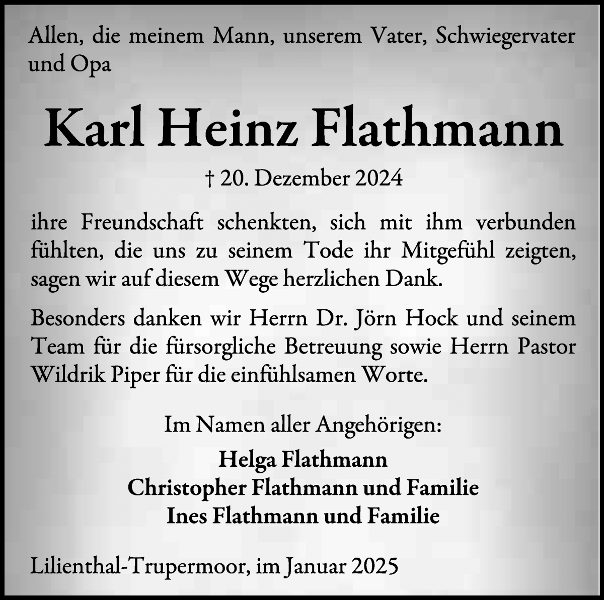 Traueranzeige von Karl Heinz Flathmann von Wuemme Zeitung