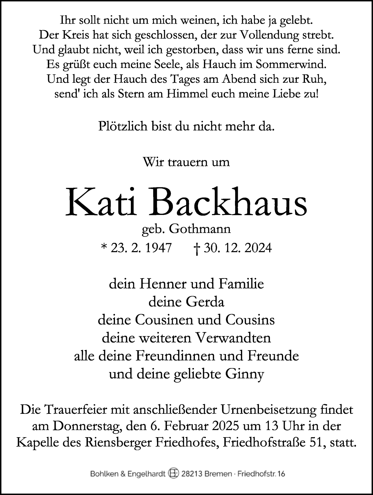 Traueranzeige von Kati Backhaus von WESER-KURIER
