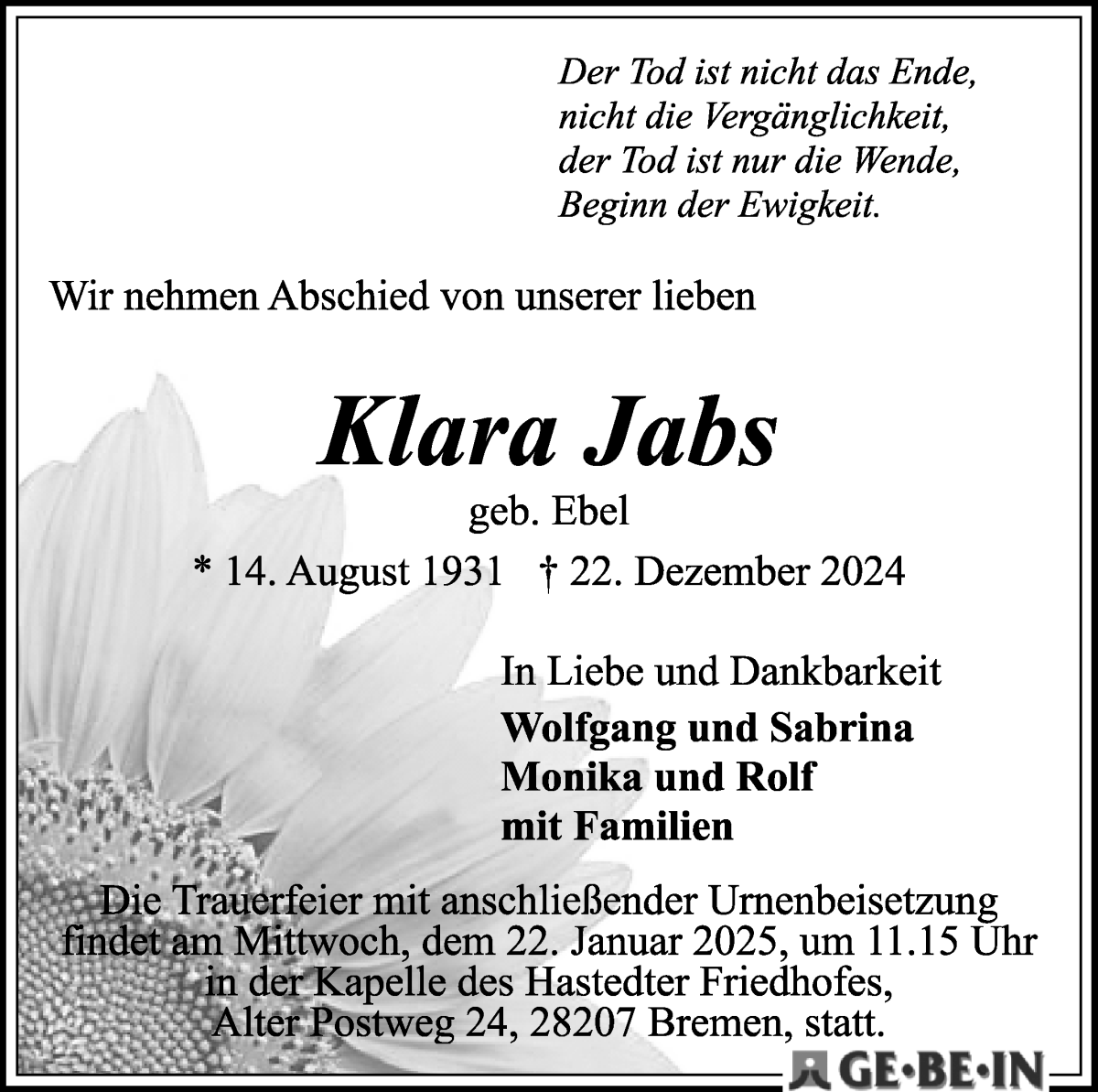 Traueranzeige von Klara Jabs von WESER-KURIER