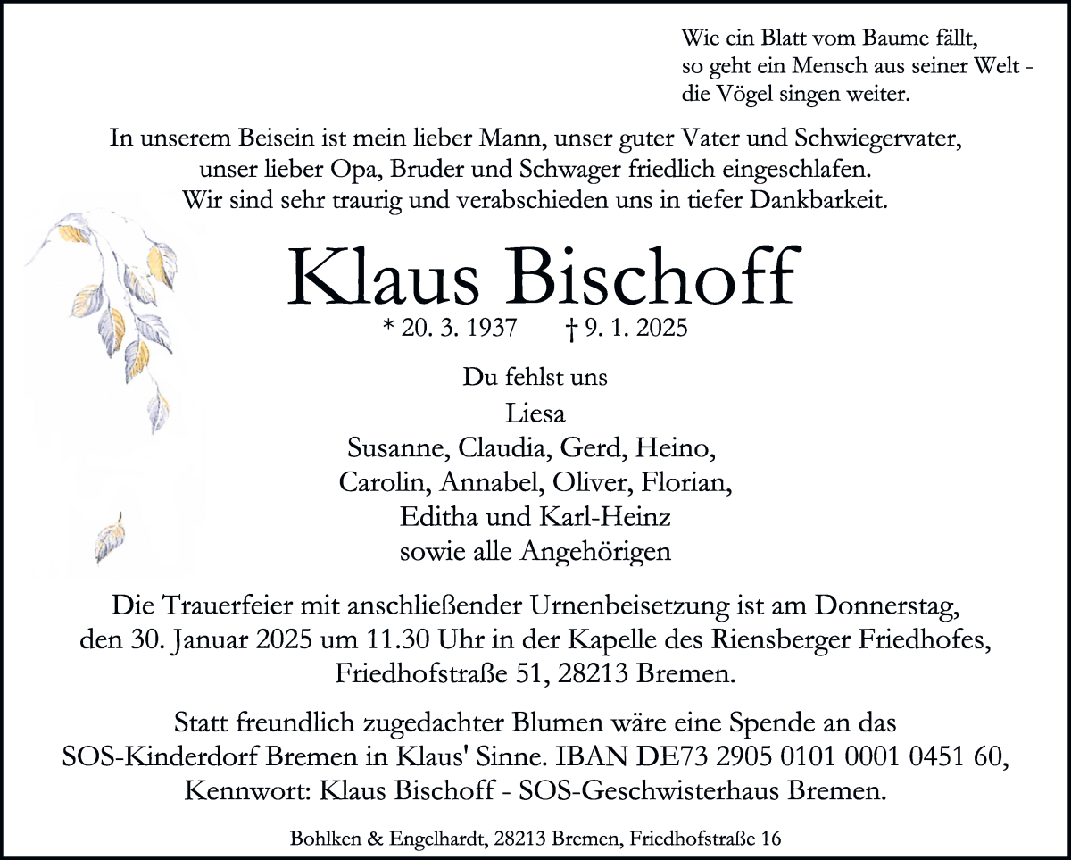 Traueranzeige von Klaus Bischoff von WESER-KURIER