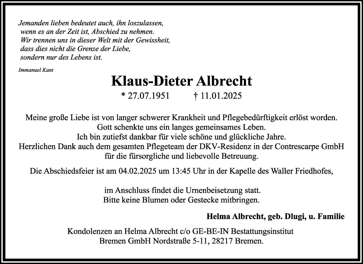 Traueranzeige von Klaus-Dieter Albrecht von WESER-KURIER