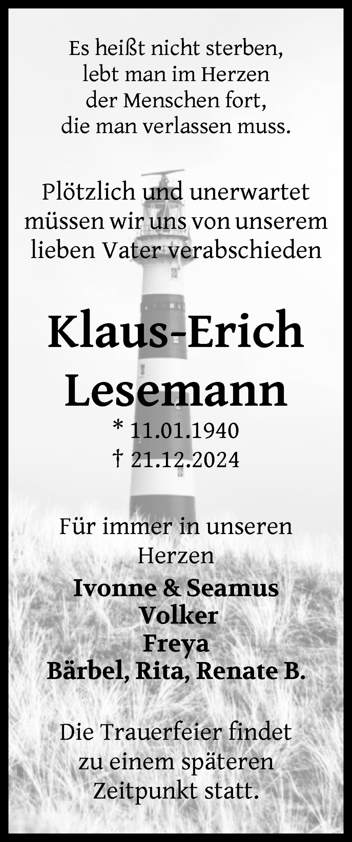 Traueranzeige von Klaus-Erich Lesemann von Wuemme Zeitung
