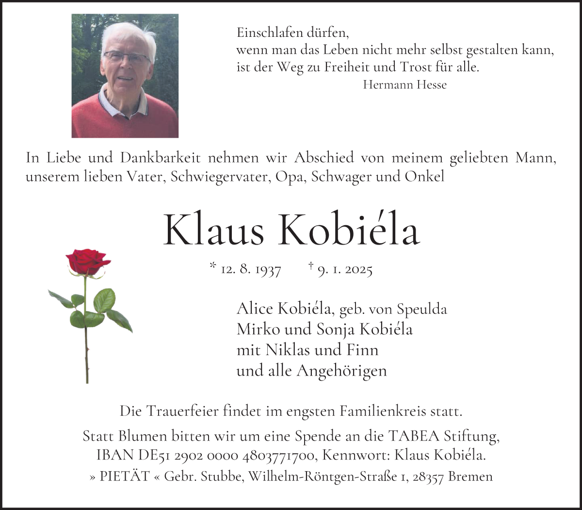 Traueranzeige von Klaus Kobiela von WESER-KURIER