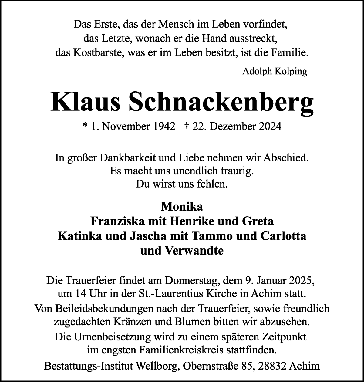 Traueranzeige von Klaus Schnackenberg von WESER-KURIER