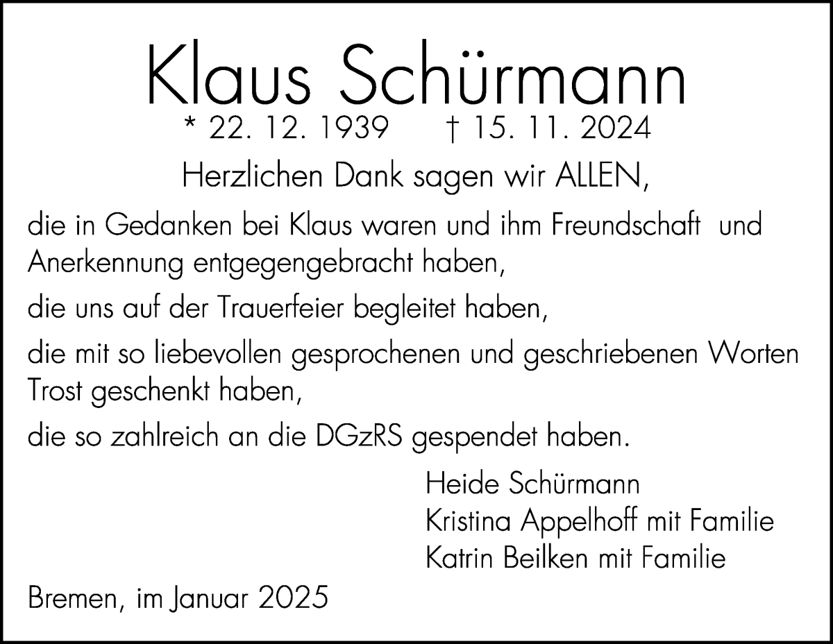 Traueranzeige von Klaus Schürmann von WESER-KURIER