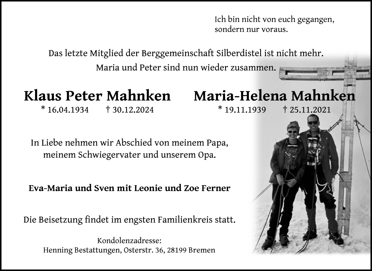 Traueranzeige von Klaus und Maria Helena Mahnken von WESER-KURIER