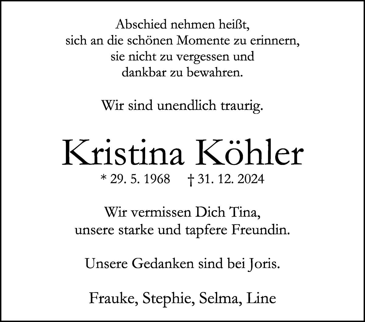 Traueranzeige von Kristina Köhler von WESER-KURIER