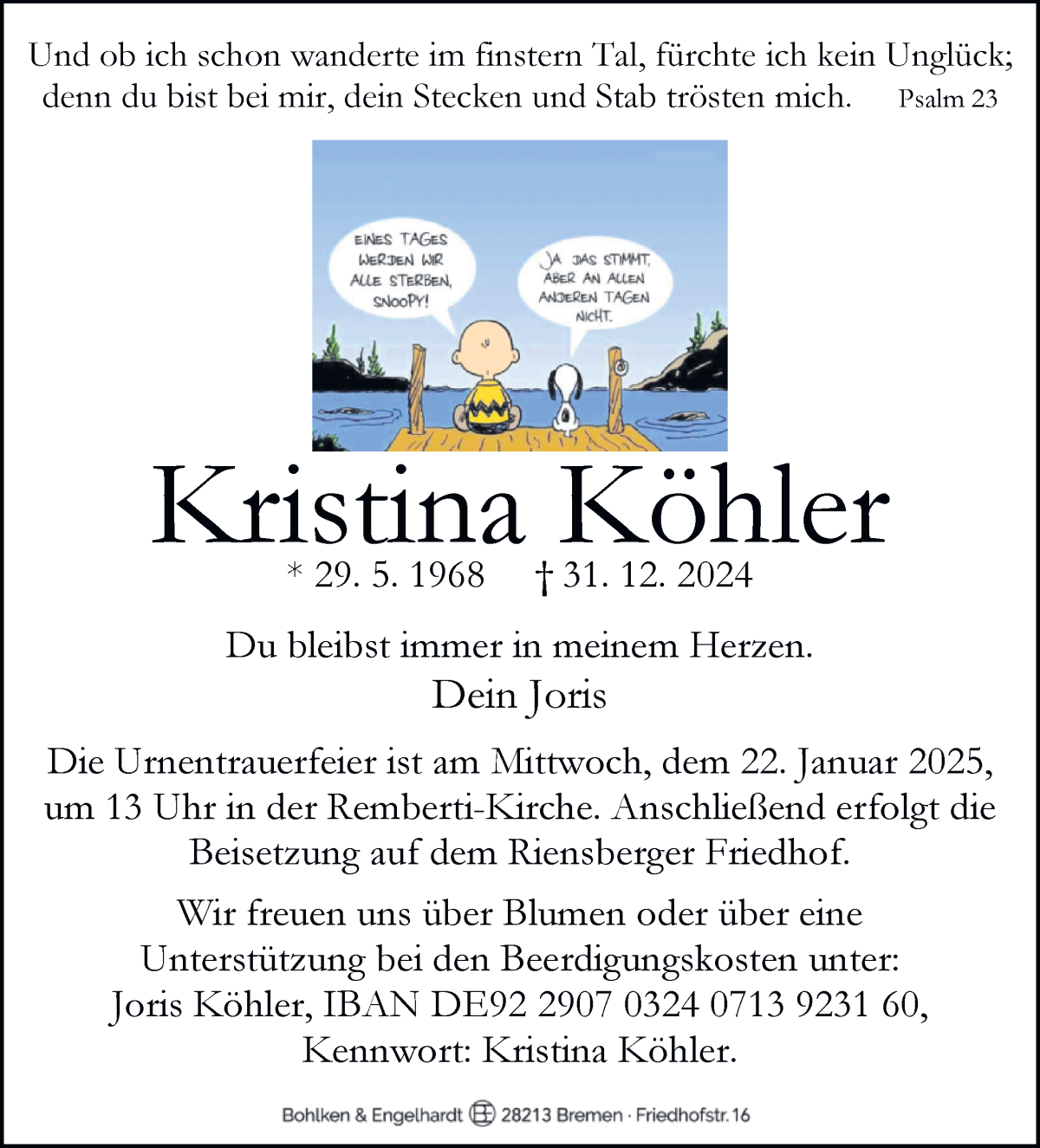 Traueranzeige von Kristina Köhler von WESER-KURIER
