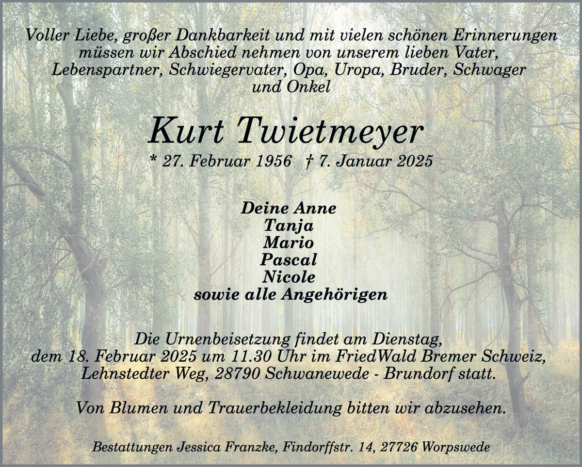 Traueranzeige von Kurt Twietmeyer von Wuemme Zeitung