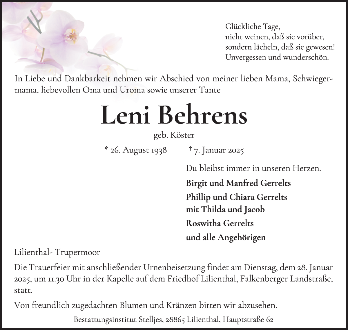 Traueranzeige von Leni Behrens von Wuemme Zeitung