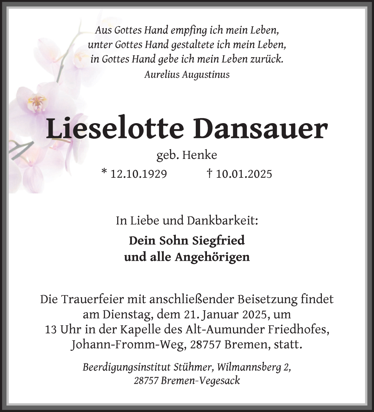 Traueranzeige von Lieselotte Dansauer von Die Norddeutsche