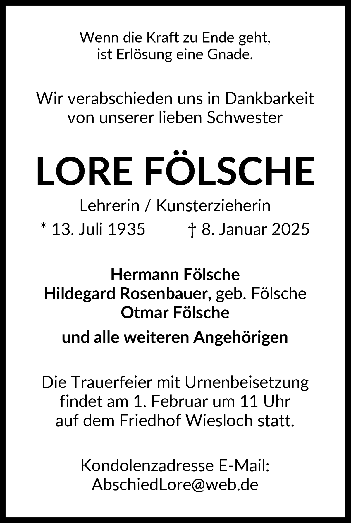Traueranzeige von Lore Fölsche von Die Norddeutsche