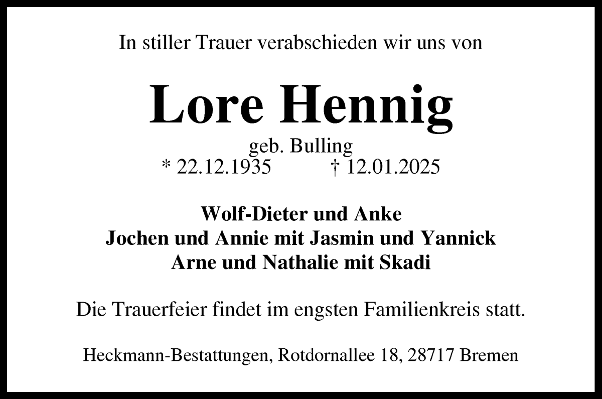 Traueranzeige von Lore Hennig von Die Norddeutsche