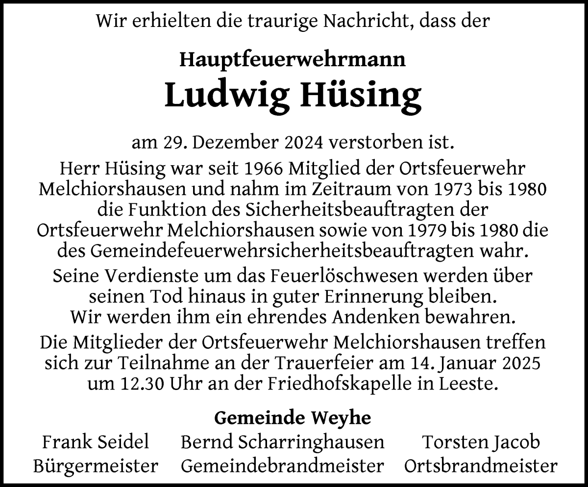 Traueranzeige von Ludwig Hüsing von Regionale Rundschau/Syker Kurier