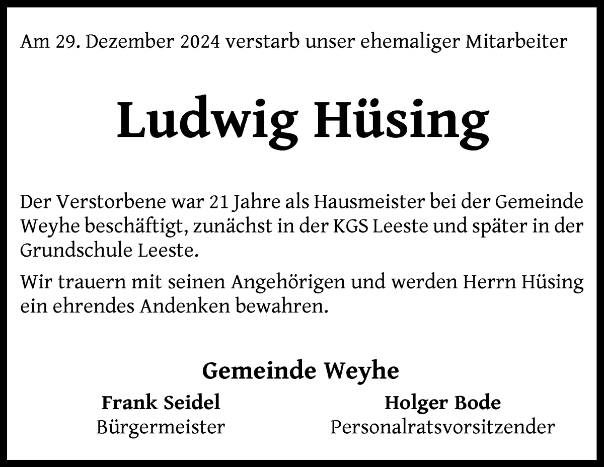 Traueranzeige von Ludwig Hüsing von Regionale Rundschau/Syker Kurier