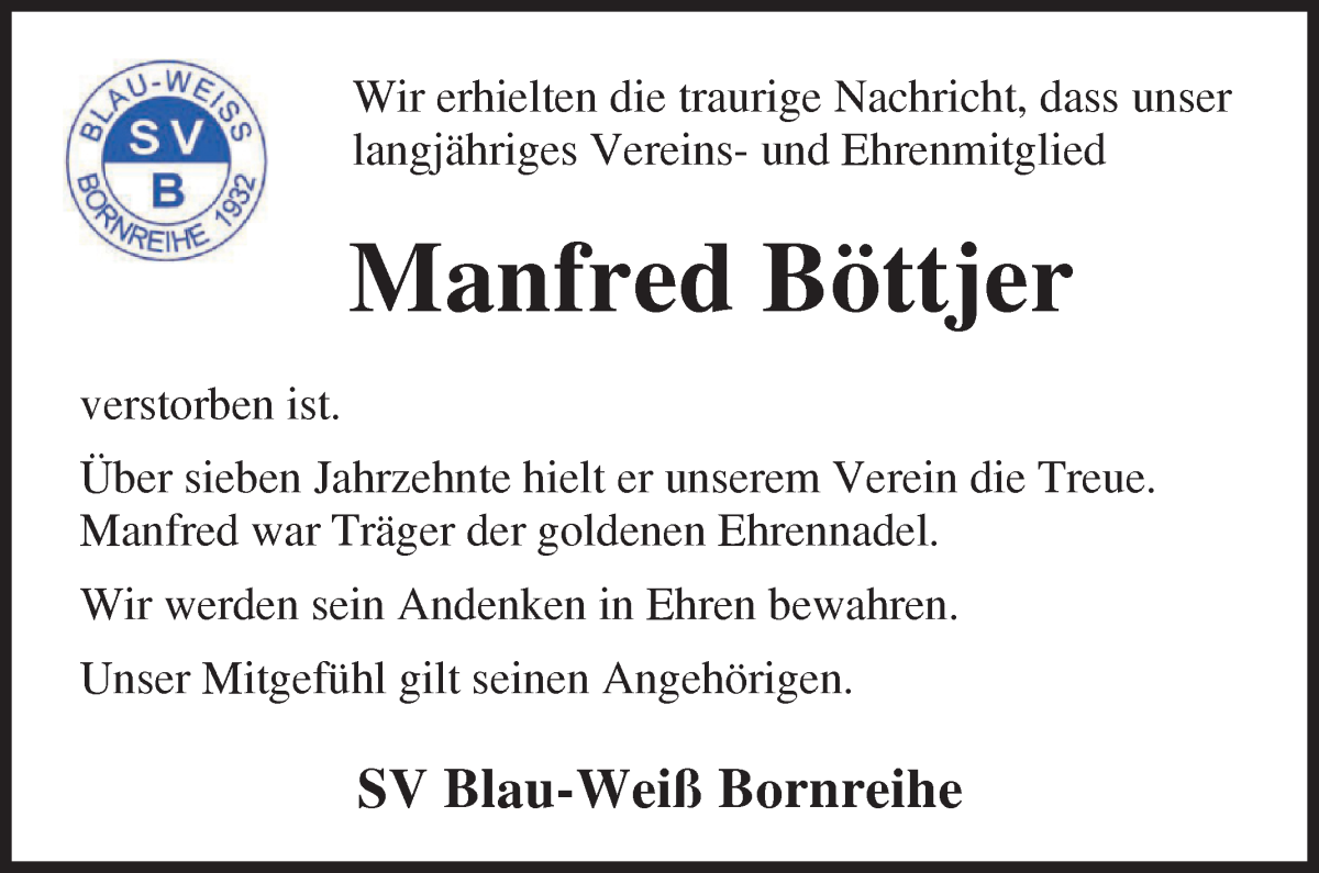 Traueranzeige von Manfred Böttjer von Osterholzer Kreisblatt