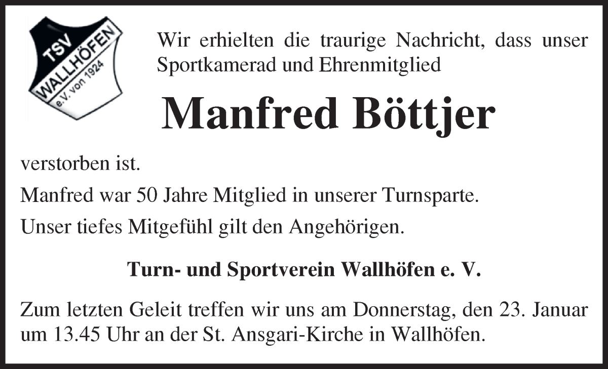 Traueranzeige von Manfred Böttjer von Osterholzer Kreisblatt