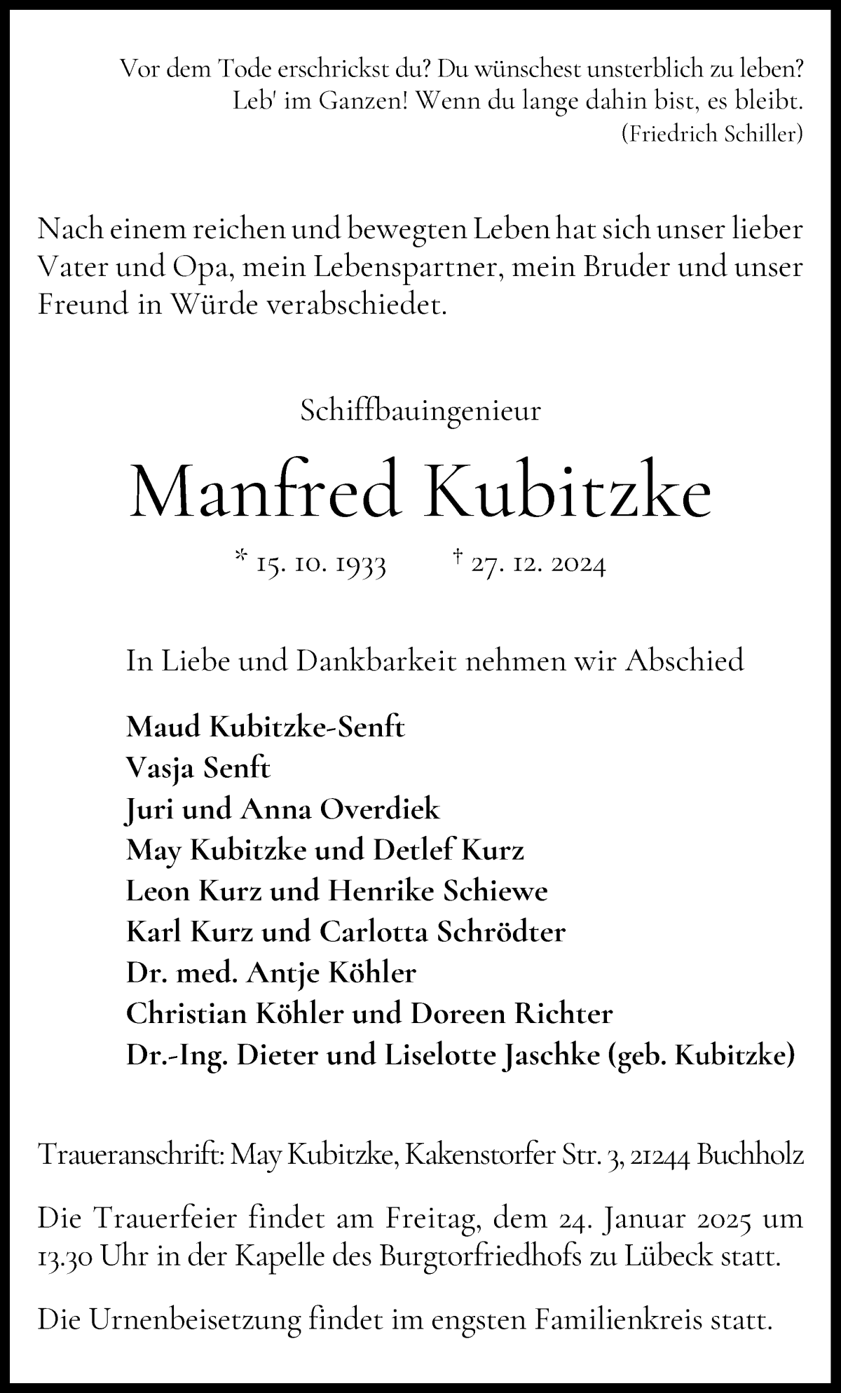 Traueranzeige von Manfred Kubitzke von WESER-KURIER
