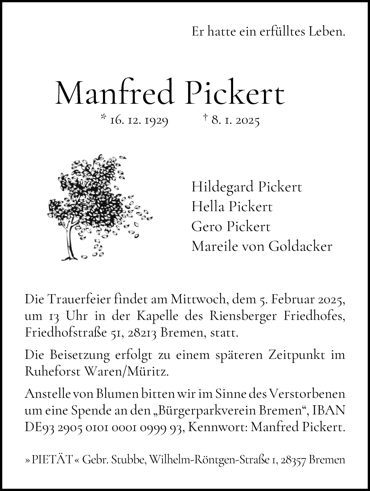 Traueranzeige von Manfred Pickert von WESER-KURIER