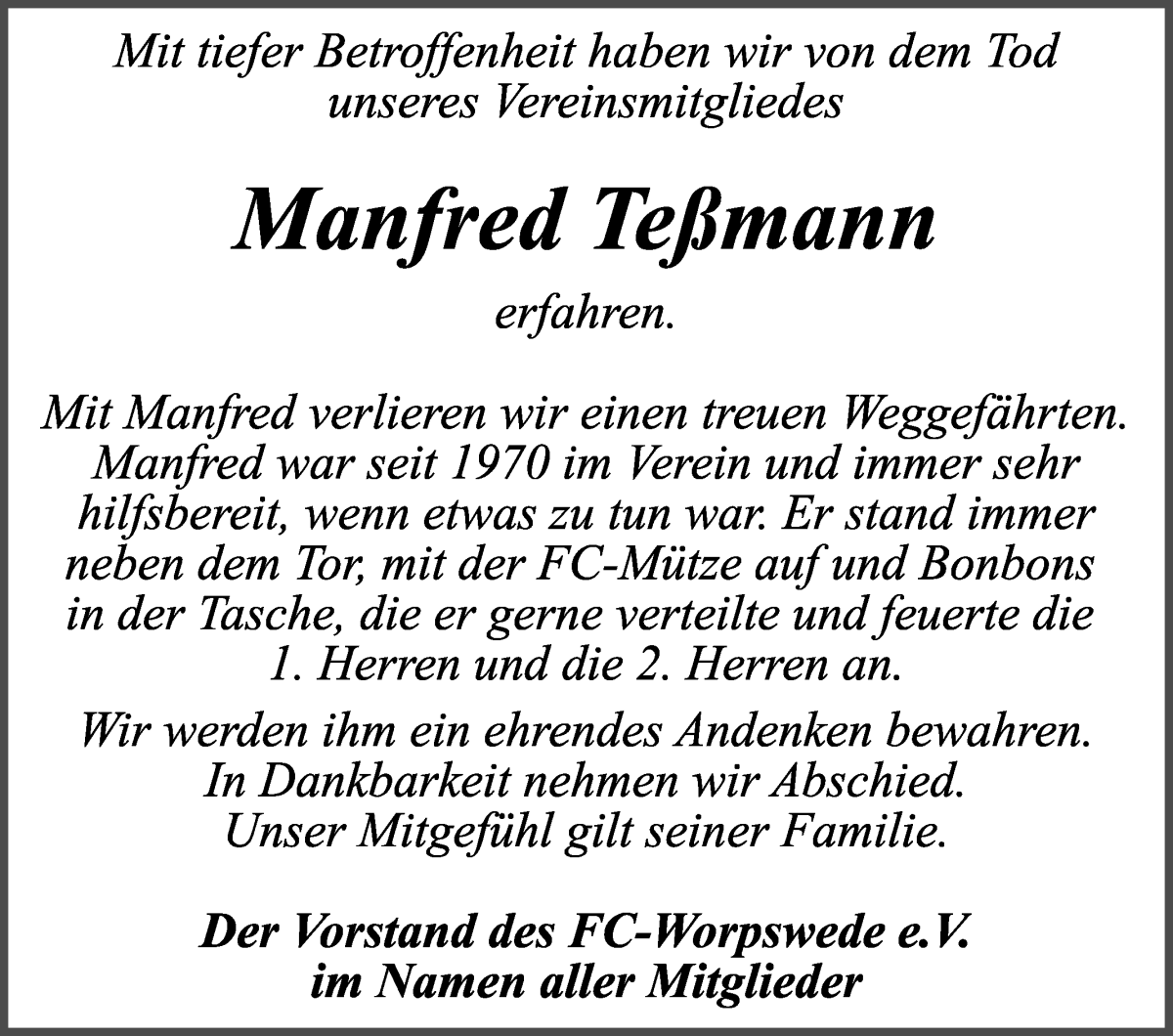 Traueranzeige von Manfred Teßmann von Wuemme Zeitung