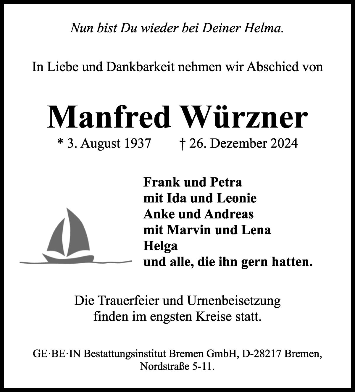 Traueranzeige von Manfred Würzner von WESER-KURIER