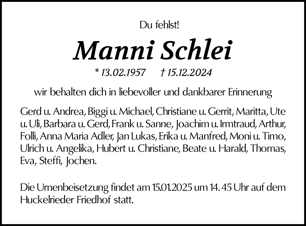 Traueranzeige von Manni Schlei von WESER-KURIER