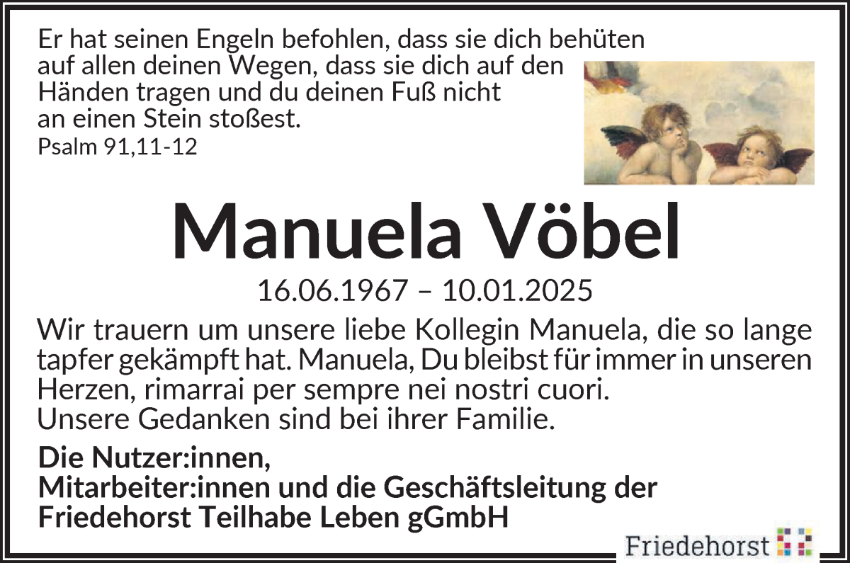Traueranzeige von Manuela Vöbel von WESER-KURIER