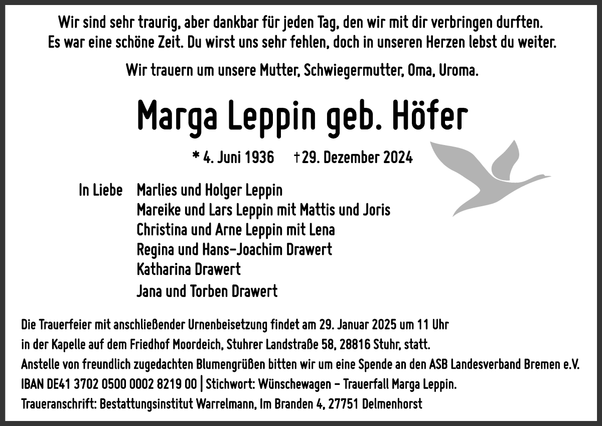 Traueranzeige von Marga Leppin von WESER-KURIER