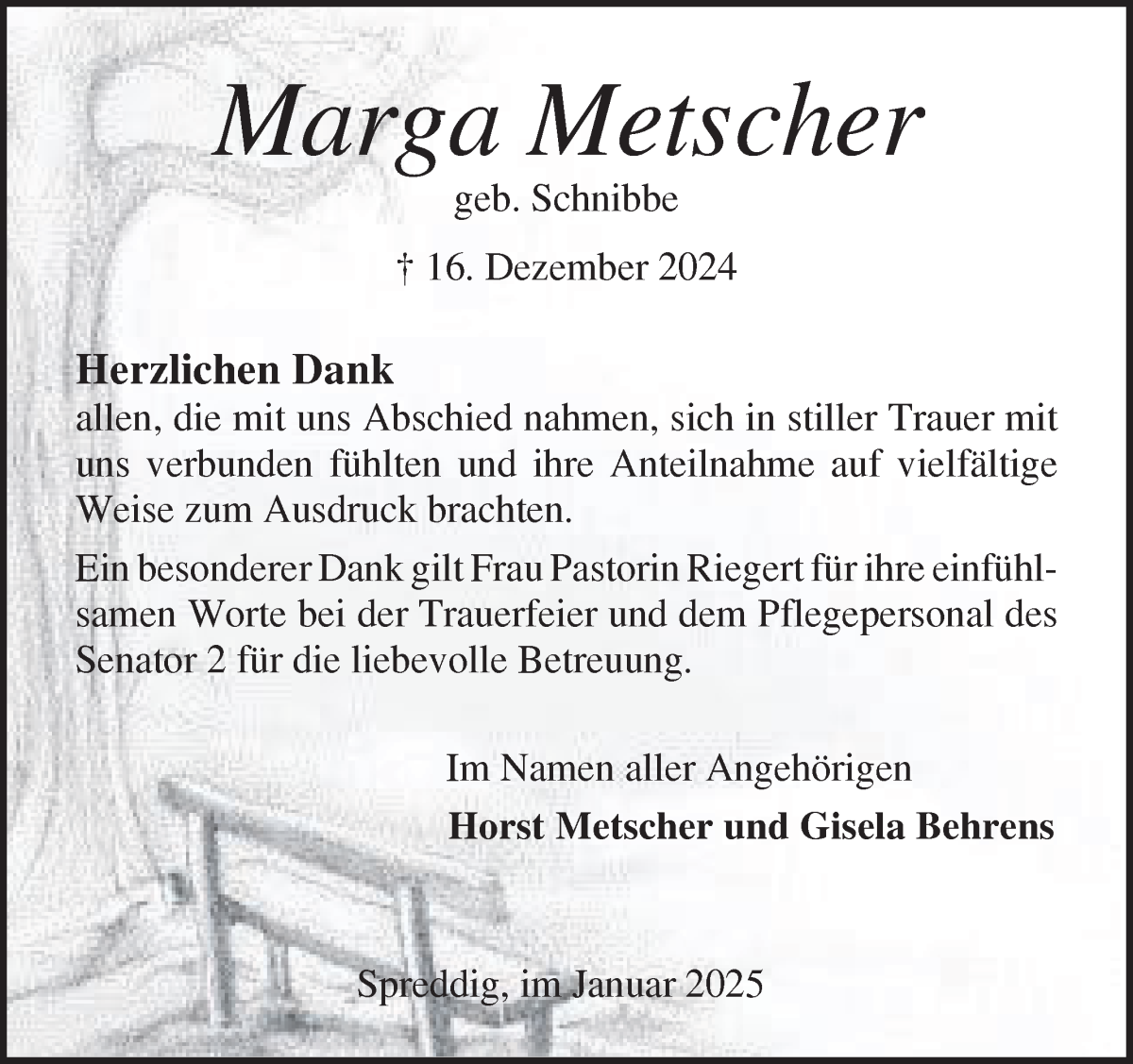 Traueranzeige von Marga Metscher von Osterholzer Kreisblatt