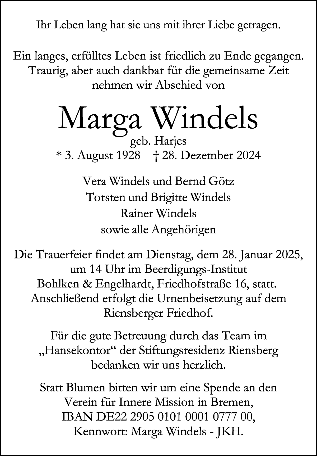 Traueranzeige von Marga Windels von WESER-KURIER