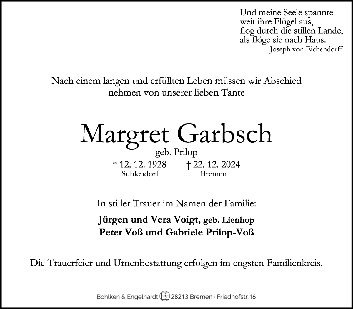 Traueranzeige von Margret Garbsch von WESER-KURIER