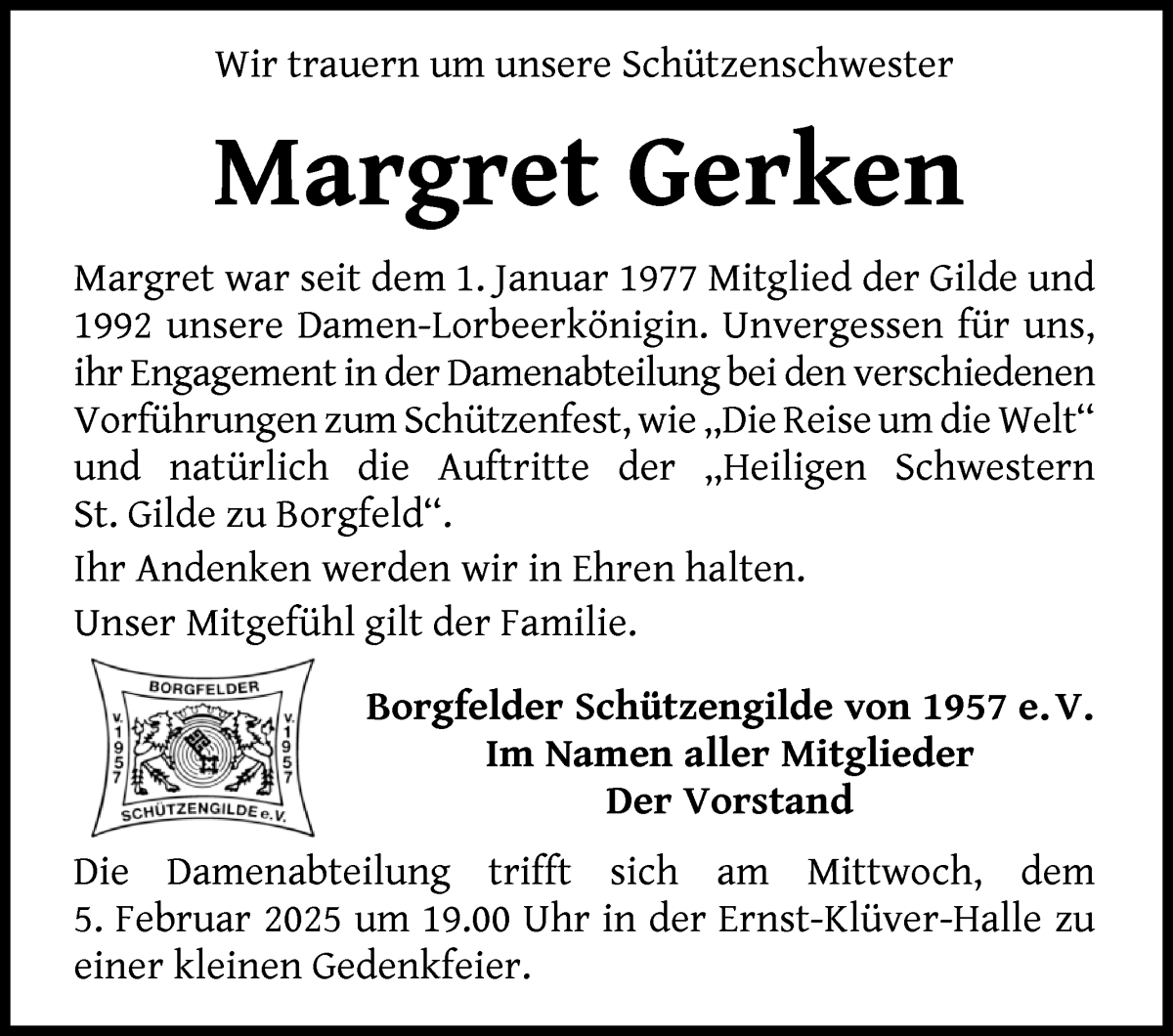 Traueranzeige von Margret Gerken von Wuemme Zeitung