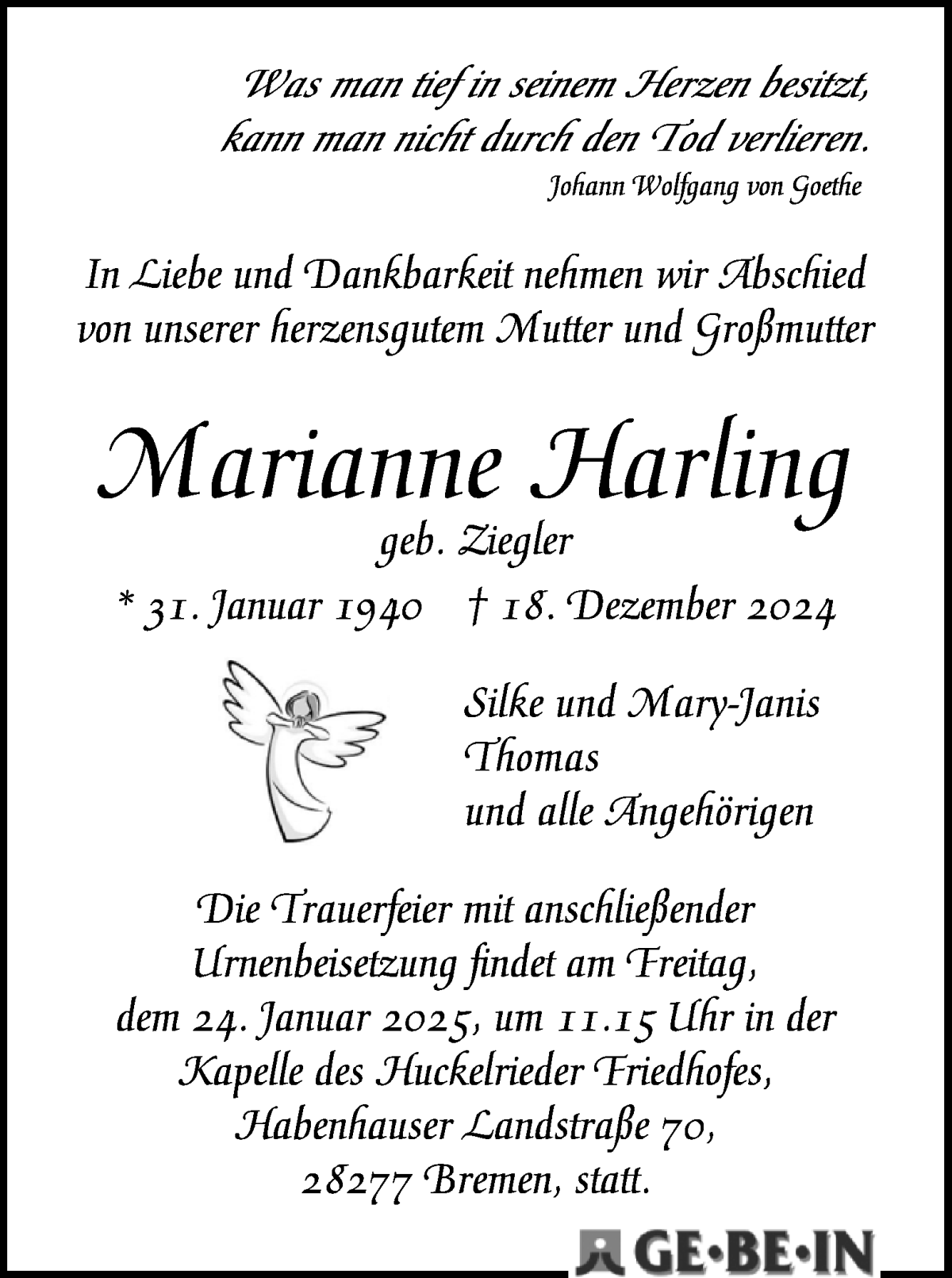 Traueranzeige von Marianne Harling von WESER-KURIER