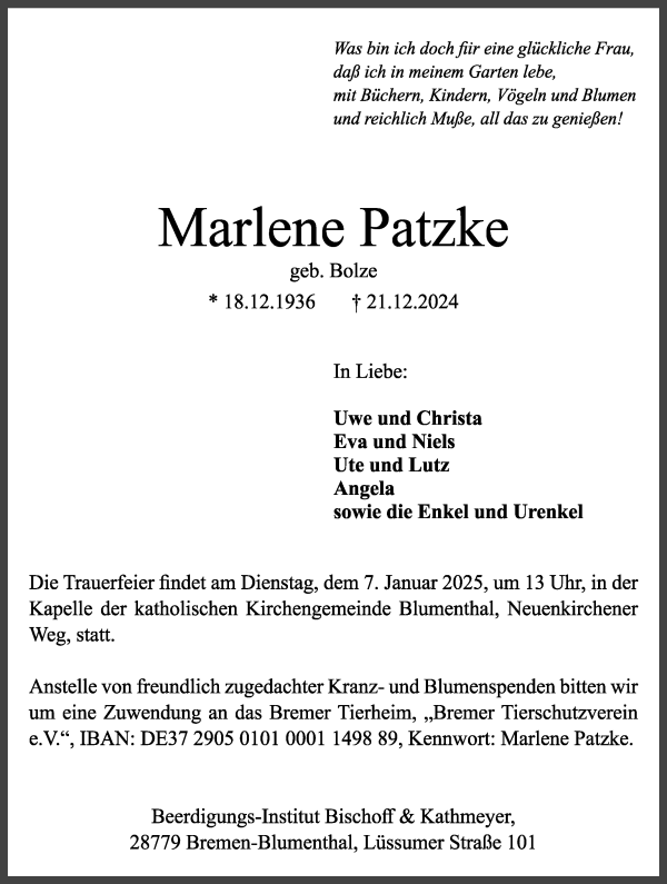 Traueranzeige von Marlene Patzke von Die Norddeutsche