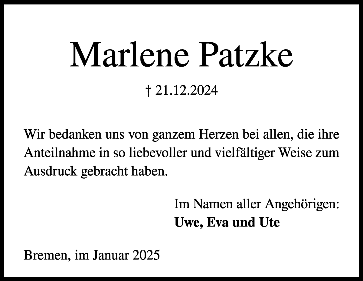 Traueranzeige von Marlene Patzke von Die Norddeutsche