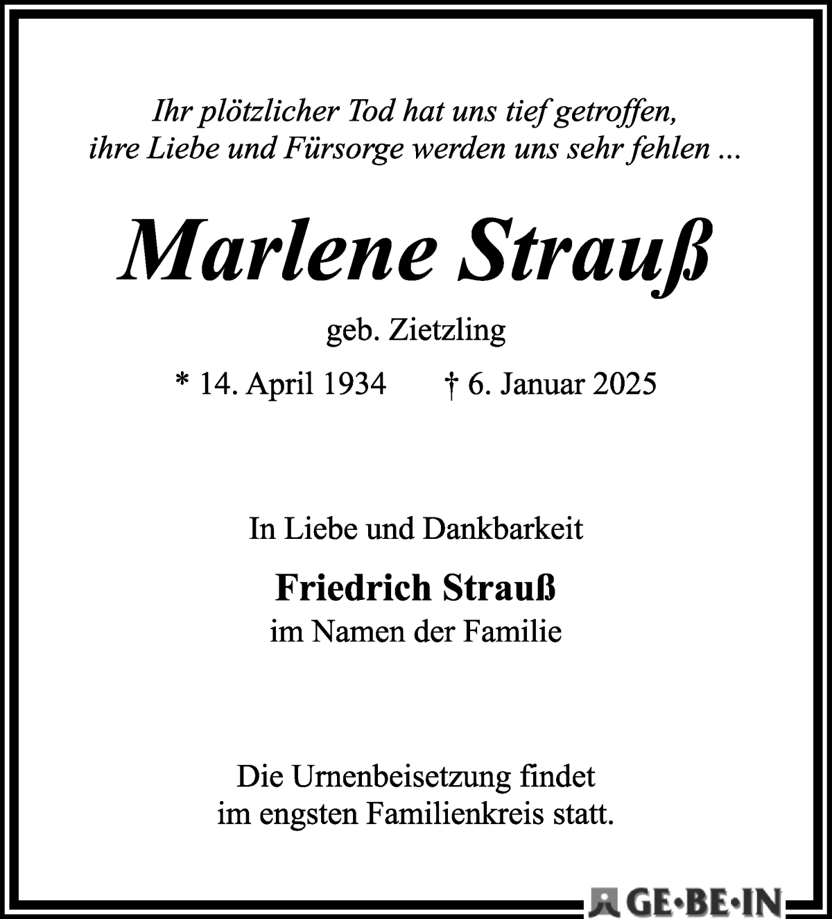 Traueranzeige von Marlene Strauß von WESER-KURIER