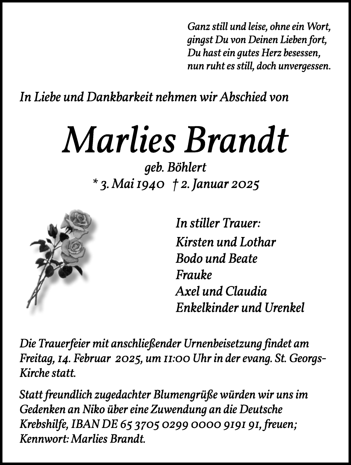 Traueranzeige von Marlies Brandt von WESER-KURIER