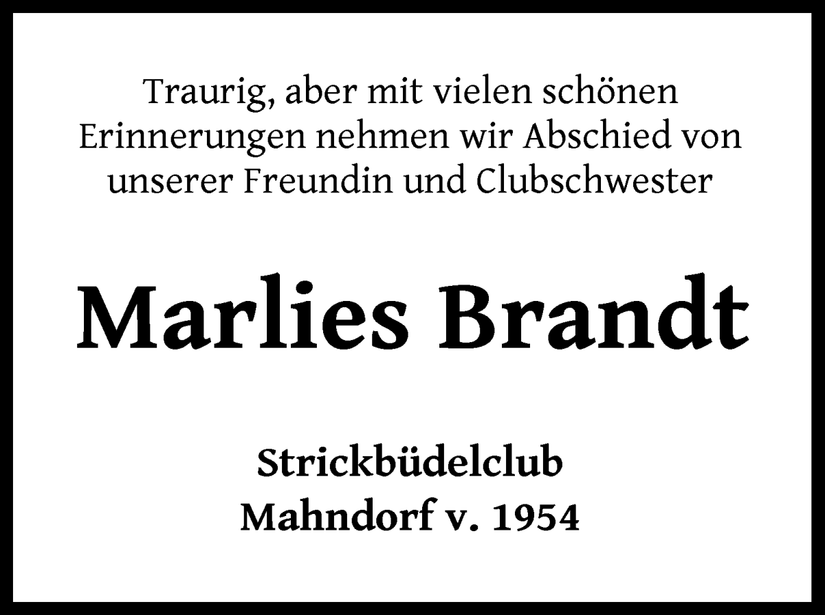 Traueranzeige von Marlies Brandt von WESER-KURIER