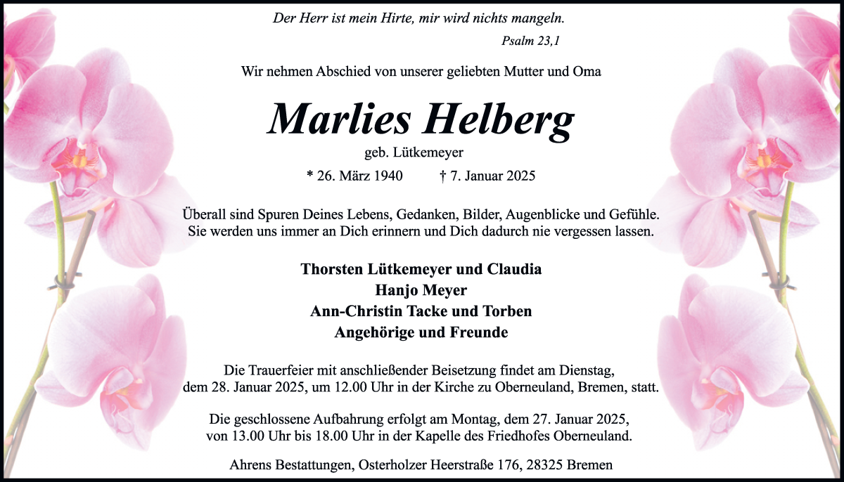 Traueranzeige von Marlies Helberg von WESER-KURIER