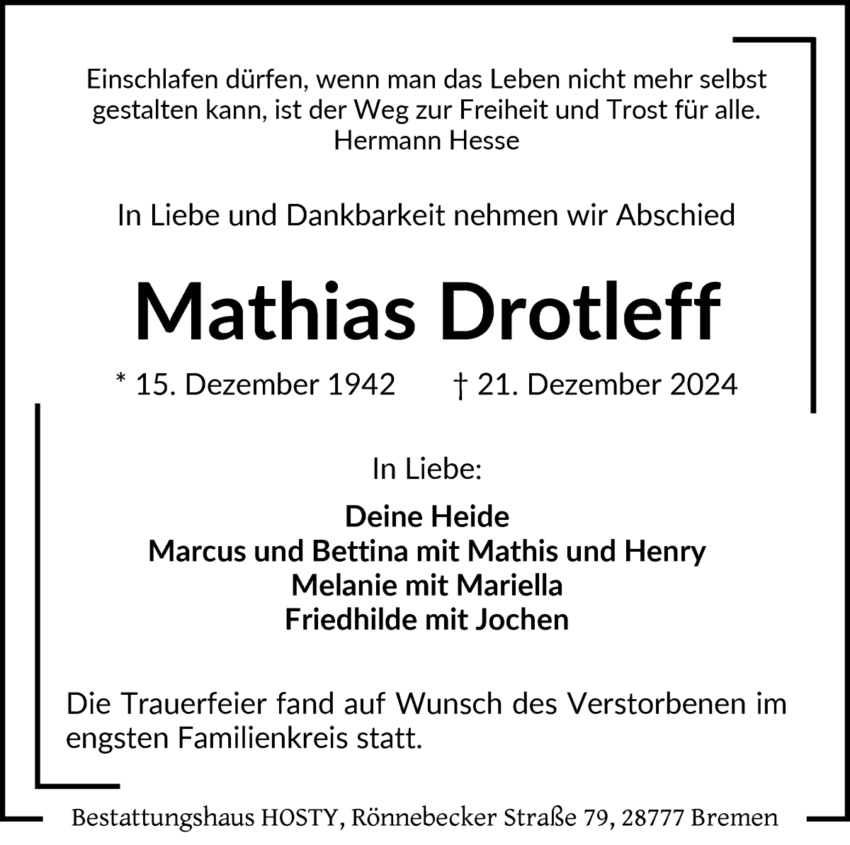 Traueranzeige von Mathias Drotleff von Die Norddeutsche
