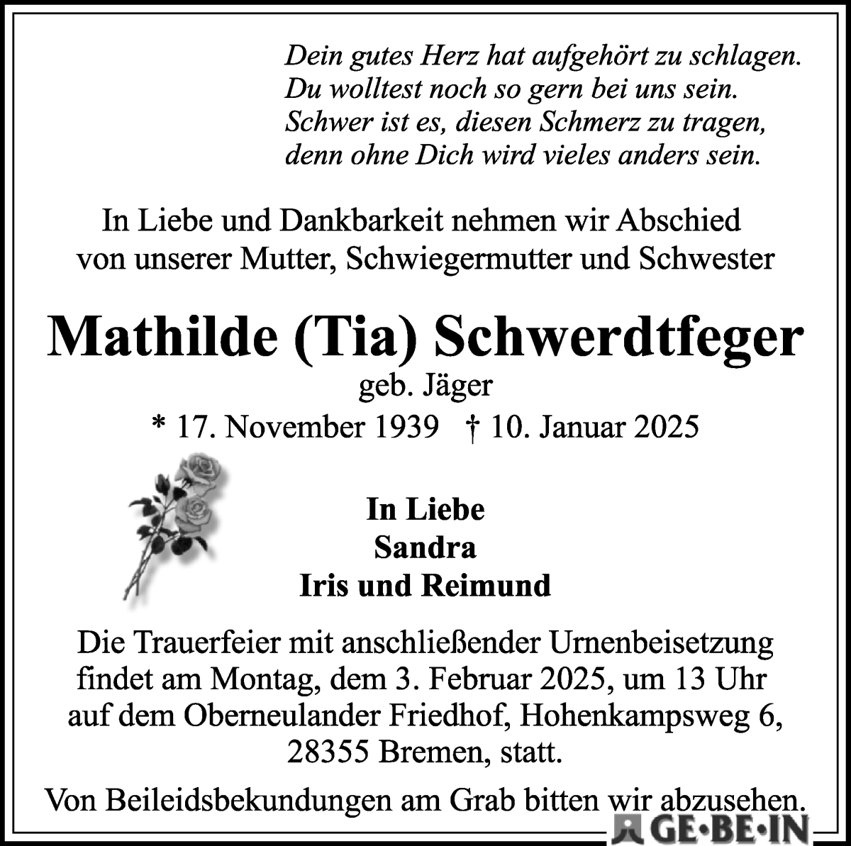Traueranzeige von Mathilde (Tia) Schwerdtfeger von WESER-KURIER