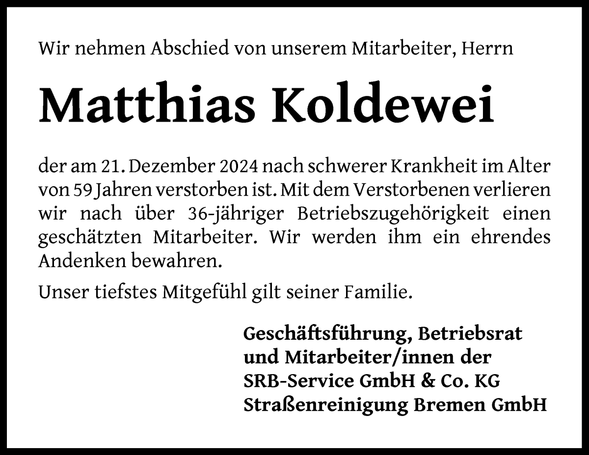 Traueranzeige von Matthias Koldewei von WESER-KURIER