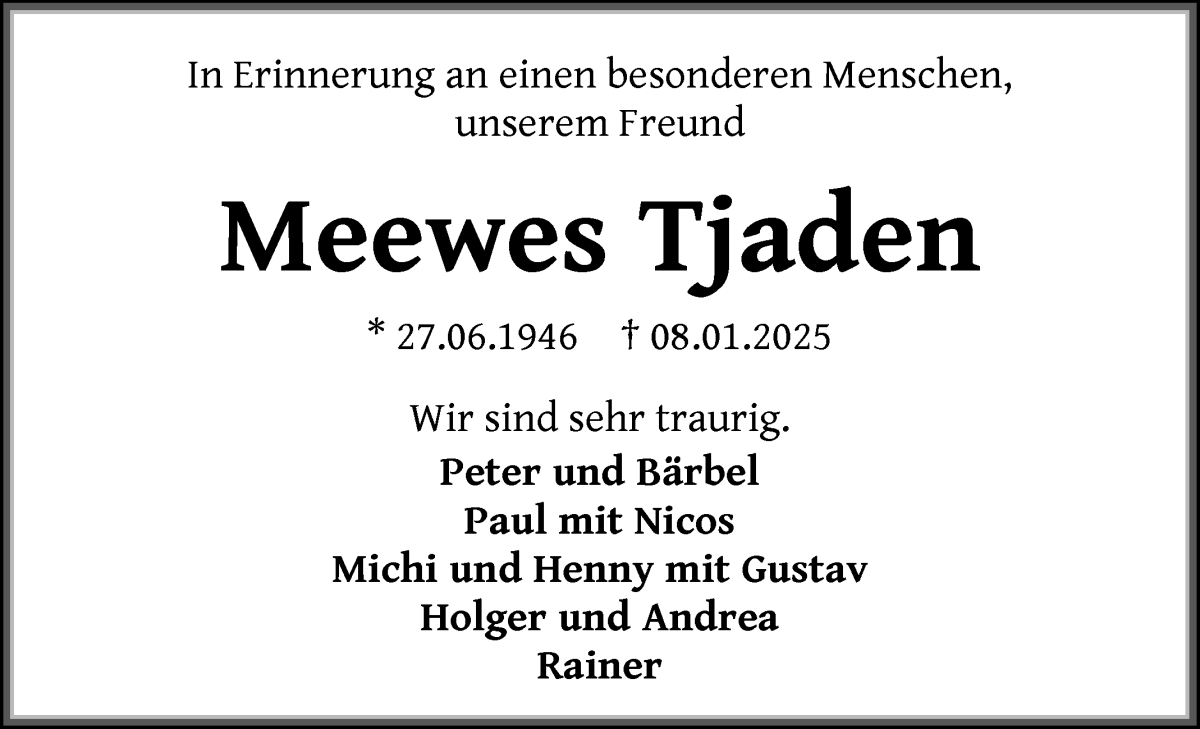 Traueranzeige von Meewes Tjaden von WESER-KURIER