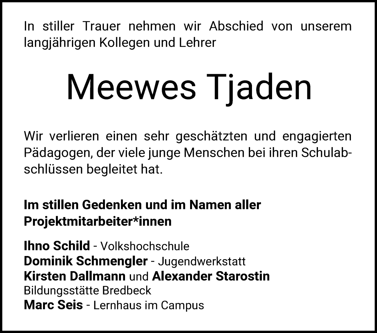 Traueranzeige von Meewes Tjaden von Wuemme Zeitung